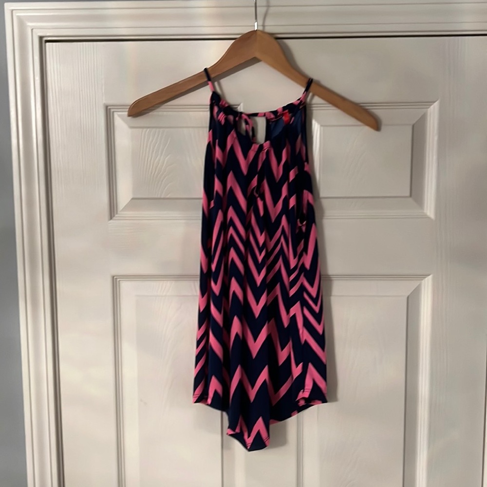 Barbie Colored Pink and Navy Blue Handkerchief Cut Halter Tie Sleeveless Top